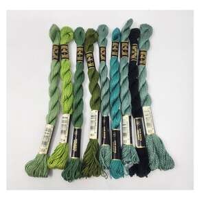 DMC Pearl Cotton Green Lot of 9 Embroidery Skeins - 8 Size 5 & 1 Size 3